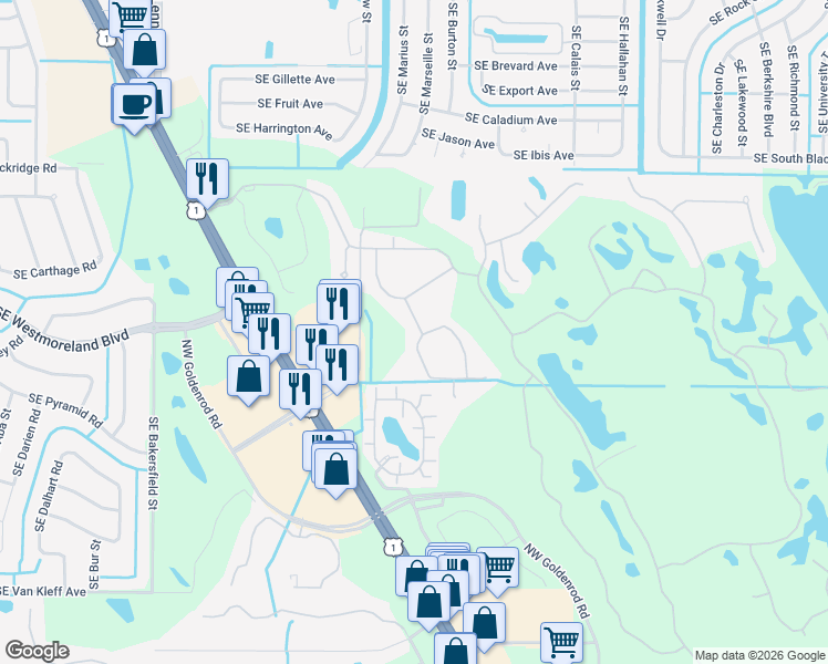 map of restaurants, bars, coffee shops, grocery stores, and more near 1622 Northwest Marsh Creek Drive in Jensen Beach