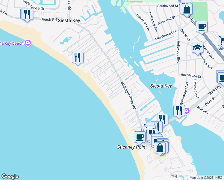 map of restaurants, bars, coffee shops, grocery stores, and more near 6148 Midnight Pass Road in Siesta Key