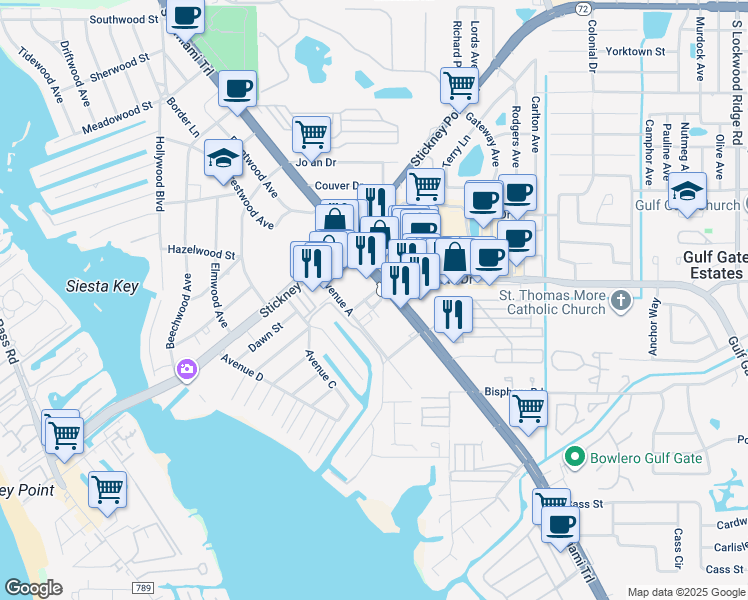 map of restaurants, bars, coffee shops, grocery stores, and more near 6620 South Tamiami Trail in Sarasota