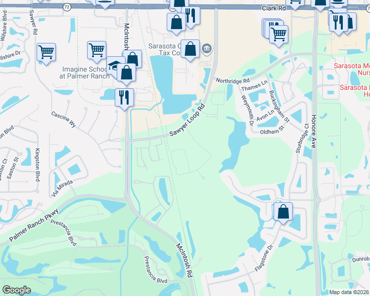 map of restaurants, bars, coffee shops, grocery stores, and more near 6500 Sawyer Loop Rd in Sarasota