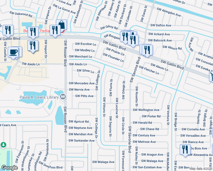 map of restaurants, bars, coffee shops, grocery stores, and more near 2862 Southwest Vittorio Street in Port St. Lucie