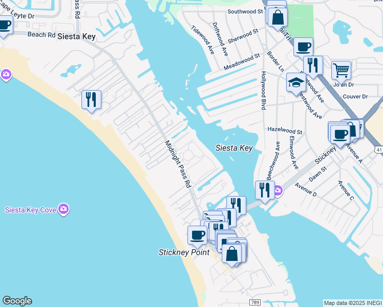 map of restaurants, bars, coffee shops, grocery stores, and more near 1321 Moonmist Drive in Siesta Key