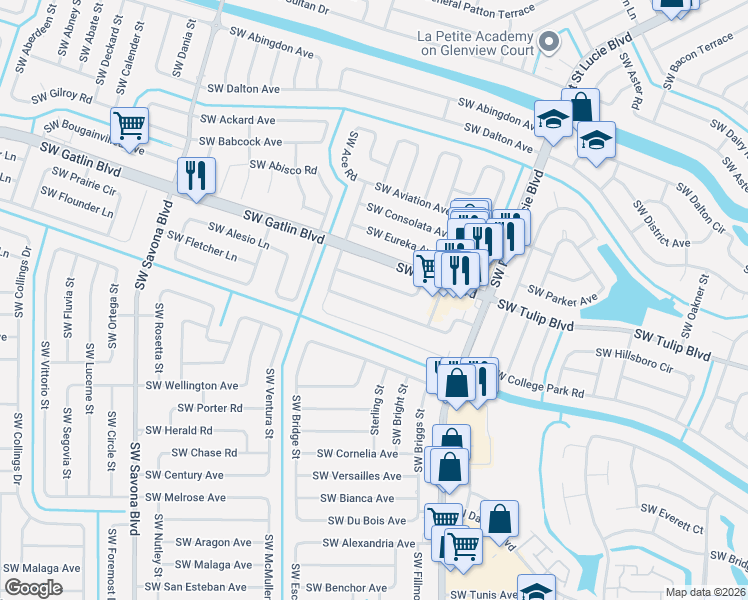 map of restaurants, bars, coffee shops, grocery stores, and more near 1041 Southwest Castaneda Lane in Port St. Lucie