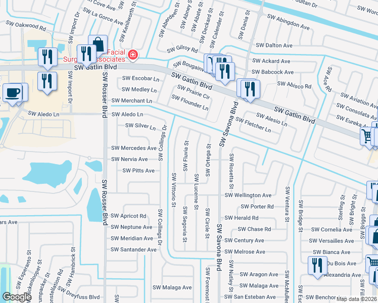 map of restaurants, bars, coffee shops, grocery stores, and more near 2885 Southwest Fluvia Street in Port St. Lucie