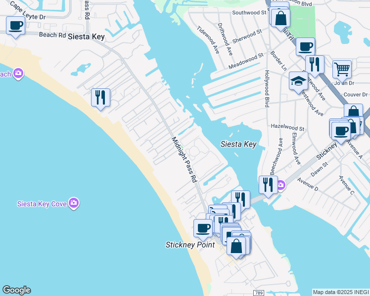 map of restaurants, bars, coffee shops, grocery stores, and more near 1284 Moonmist Circle in Siesta Key
