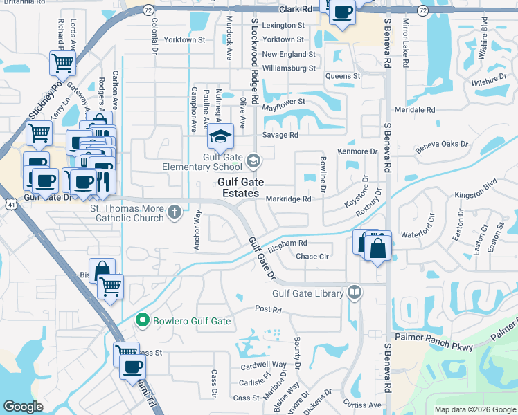 map of restaurants, bars, coffee shops, grocery stores, and more near 6718 South Lockwood Ridge Road in Sarasota