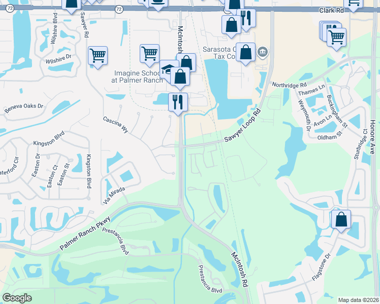 map of restaurants, bars, coffee shops, grocery stores, and more near 8657 Daydream Street in Sarasota
