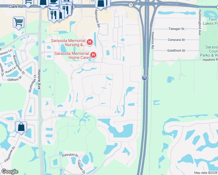 map of restaurants, bars, coffee shops, grocery stores, and more near 5710 Draw Lane in Sarasota