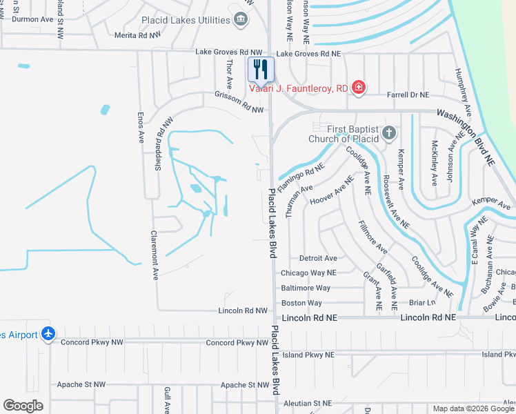 map of restaurants, bars, coffee shops, grocery stores, and more near 113 Club Road Northwest in Lake Placid