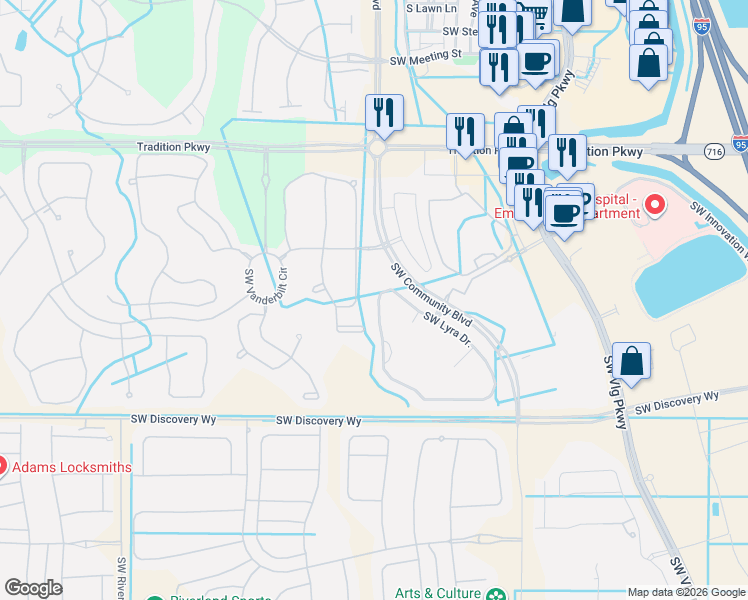map of restaurants, bars, coffee shops, grocery stores, and more near 11398 Southwest Wyndham Way in Port Saint Lucie