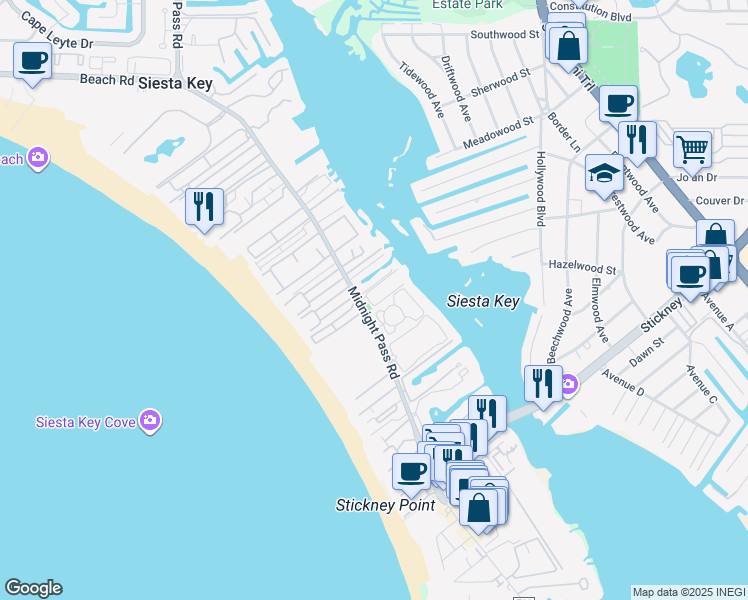 map of restaurants, bars, coffee shops, grocery stores, and more near 6157 Midnight Pass Road in Sarasota