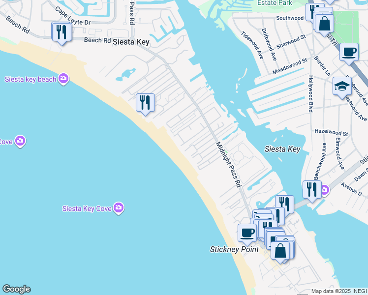 map of restaurants, bars, coffee shops, grocery stores, and more near 6100 Midnight Pass Road in Sarasota