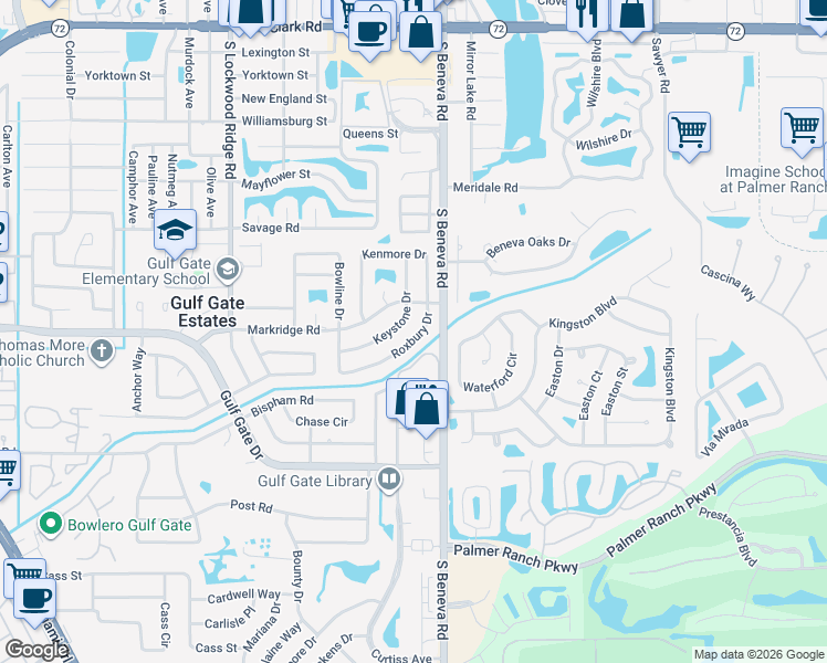 map of restaurants, bars, coffee shops, grocery stores, and more near 6706 Roxbury Drive in Sarasota