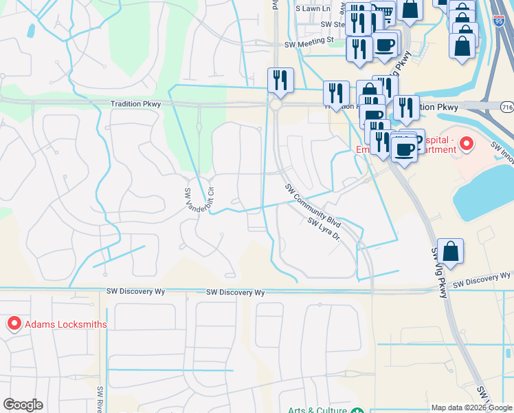 map of restaurants, bars, coffee shops, grocery stores, and more near 11271 Southwest Barton Way in Port St. Lucie
