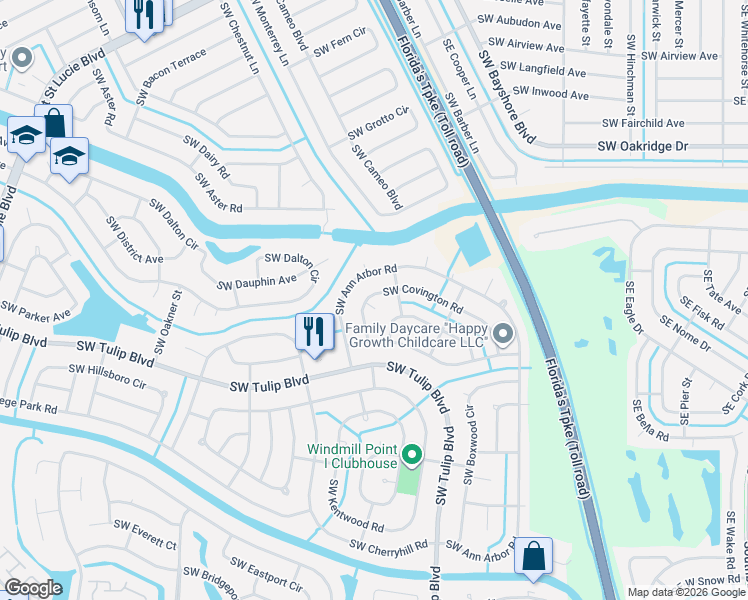 map of restaurants, bars, coffee shops, grocery stores, and more near 301 Southwest Covington Road in Port St. Lucie