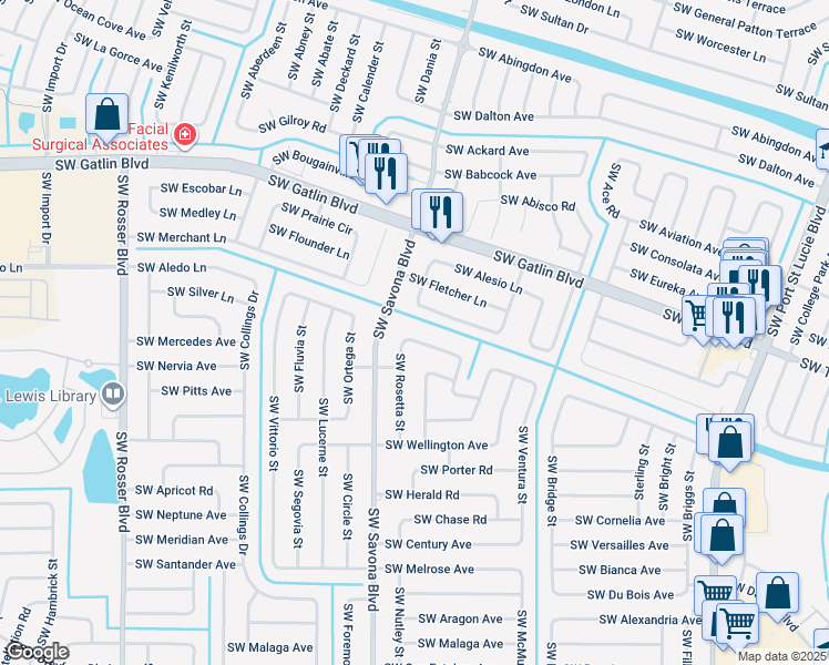 map of restaurants, bars, coffee shops, grocery stores, and more near 1273 Southwest Milan Lane in Port Saint Lucie