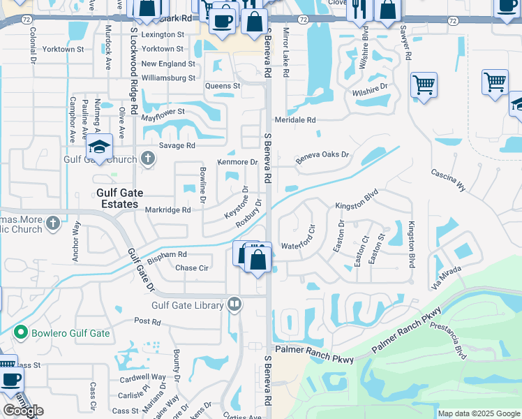 map of restaurants, bars, coffee shops, grocery stores, and more near 6706 Roxbury Drive in Sarasota