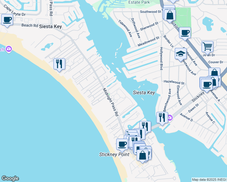 map of restaurants, bars, coffee shops, grocery stores, and more near 6157 Midnight Pass Road in Sarasota