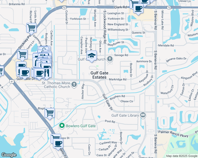 map of restaurants, bars, coffee shops, grocery stores, and more near 2923 Markridge Road in Sarasota