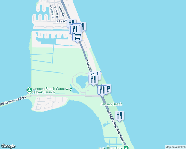 map of restaurants, bars, coffee shops, grocery stores, and more near Florida A1A & NE Jensen Beach Club in Jensen Beach