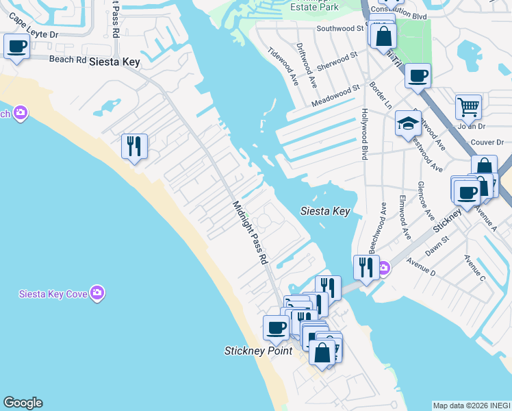 map of restaurants, bars, coffee shops, grocery stores, and more near 6157 Midnight Pass Road in Siesta Key