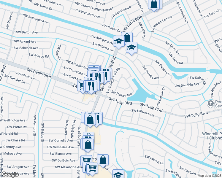 map of restaurants, bars, coffee shops, grocery stores, and more near 933 Southwest College Park Road in Port St. Lucie