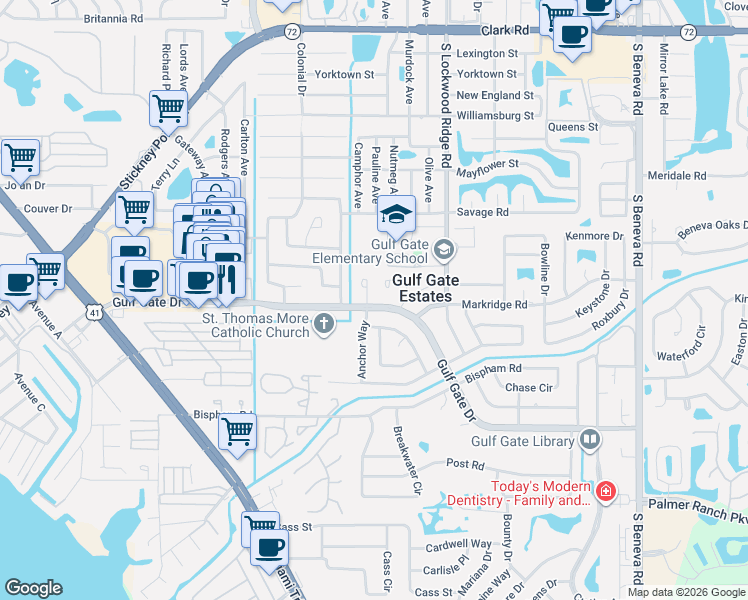map of restaurants, bars, coffee shops, grocery stores, and more near 6637 Anchor Way in Sarasota