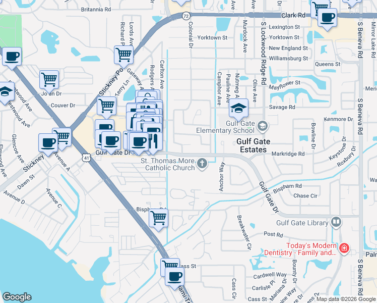 map of restaurants, bars, coffee shops, grocery stores, and more near 6647 Colonial Drive in Sarasota