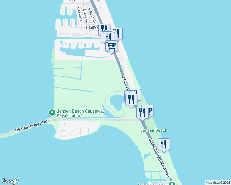 map of restaurants, bars, coffee shops, grocery stores, and more near 4460 Northeast Ocean Boulevard in Jensen Beach