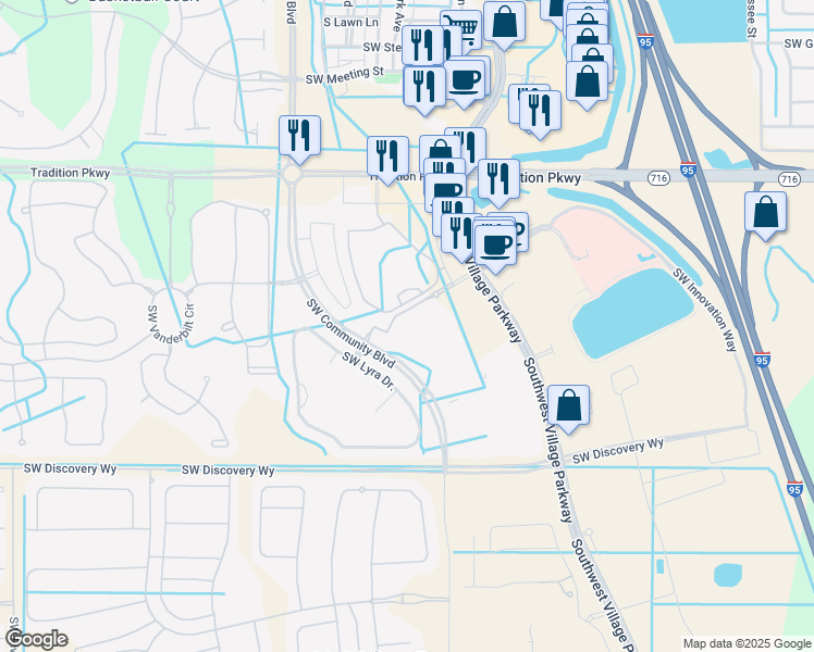 map of restaurants, bars, coffee shops, grocery stores, and more near Southwest Community Boulevard in Port Saint Lucie