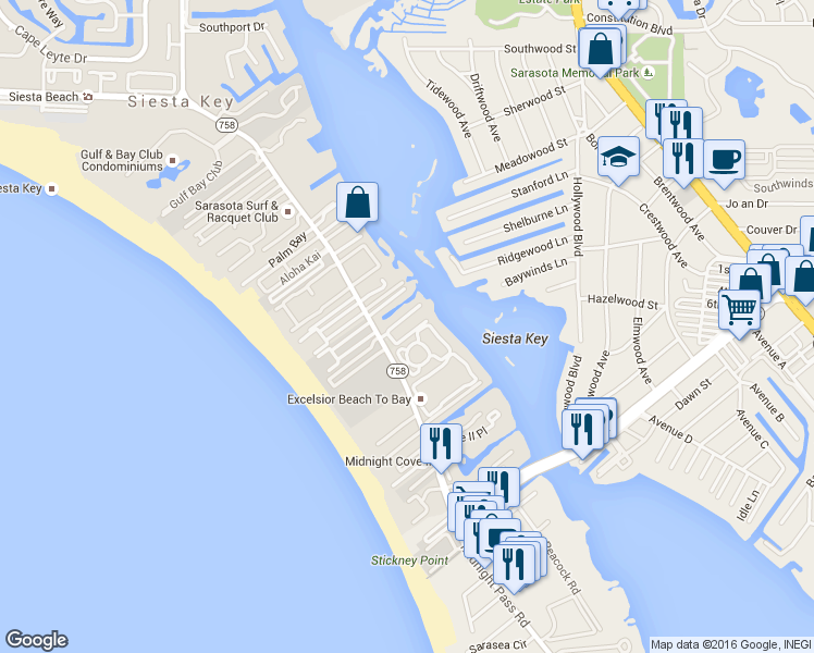 map of restaurants, bars, coffee shops, grocery stores, and more near 1225 Big Oak Lane in Siesta Key