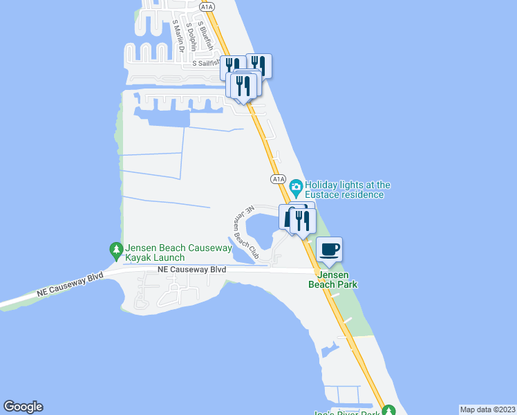 map of restaurants, bars, coffee shops, grocery stores, and more near 4444 Northeast Ocean Boulevard in Jensen Beach