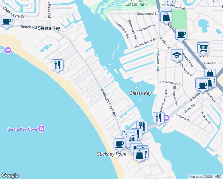 map of restaurants, bars, coffee shops, grocery stores, and more near 1225 Big Oak Lane in Siesta Key