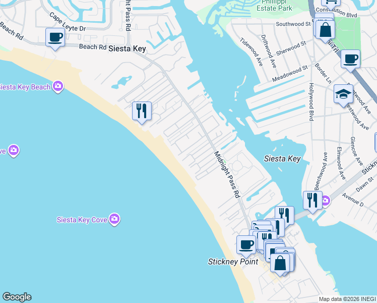 map of restaurants, bars, coffee shops, grocery stores, and more near 1137 Coquille Street in Siesta Key