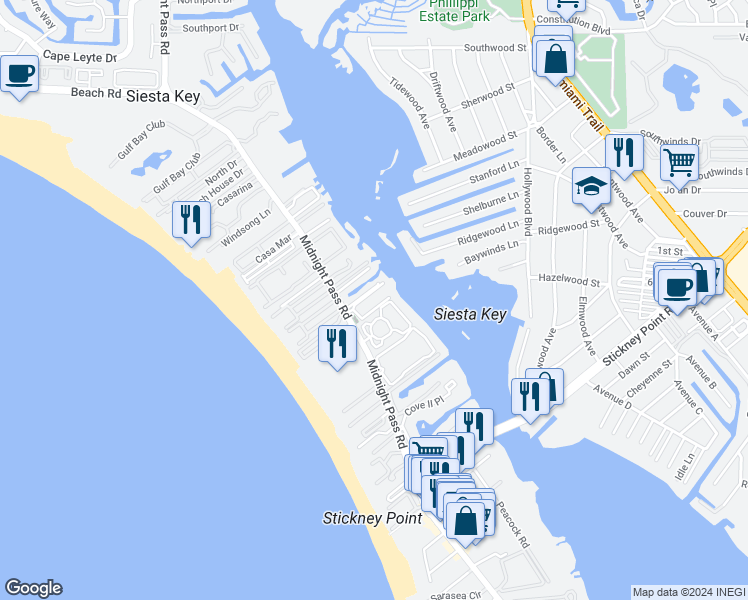 map of restaurants, bars, coffee shops, grocery stores, and more near 1225 Big Oak Lane in Siesta Key