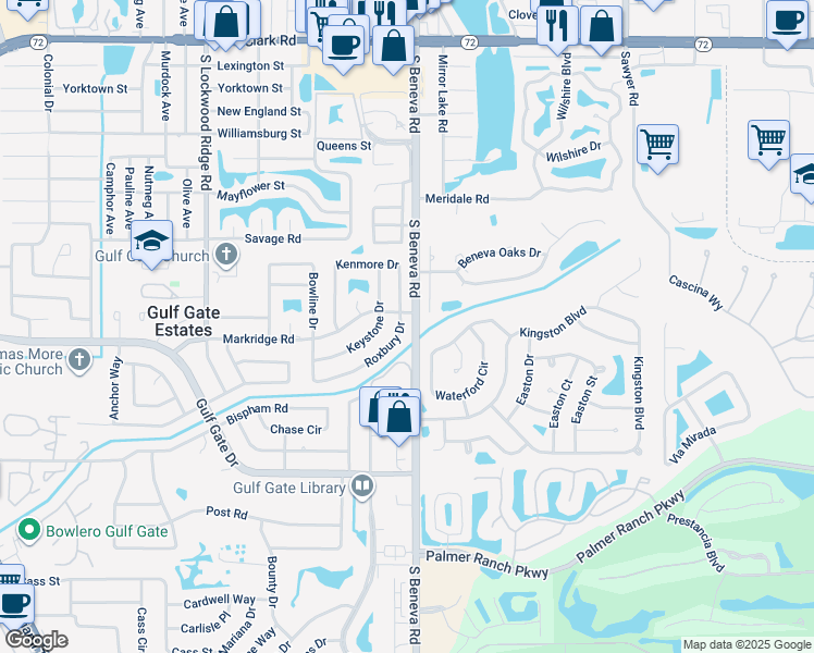 map of restaurants, bars, coffee shops, grocery stores, and more near 6705 Roxbury Drive in Sarasota