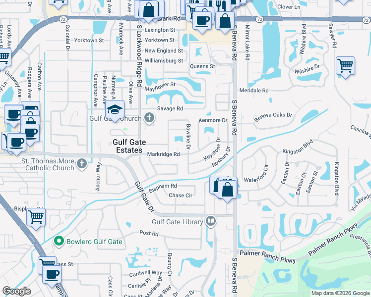 map of restaurants, bars, coffee shops, grocery stores, and more near 6631 Bowline Drive in Sarasota