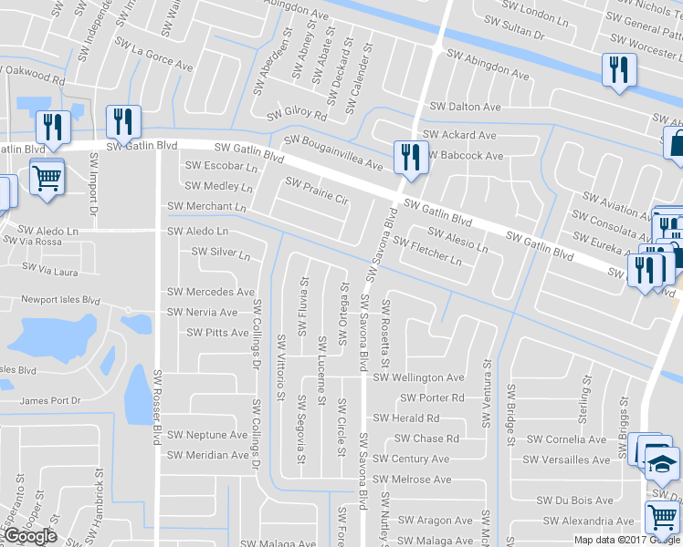 map of restaurants, bars, coffee shops, grocery stores, and more near 2802 Southwest Ortega Street in Port St. Lucie