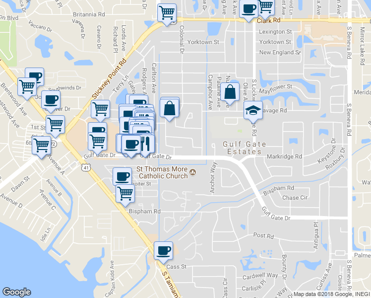 map of restaurants, bars, coffee shops, grocery stores, and more near 6647 Colonial Drive in Sarasota