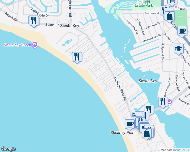 map of restaurants, bars, coffee shops, grocery stores, and more near 6058 West Peppertree Way in Siesta Key