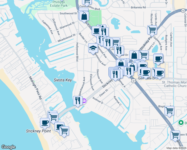 map of restaurants, bars, coffee shops, grocery stores, and more near 1721 Birchwood Street in Sarasota