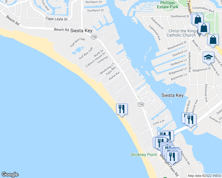 map of restaurants, bars, coffee shops, grocery stores, and more near 6058 West Peppertree Way in Siesta Key