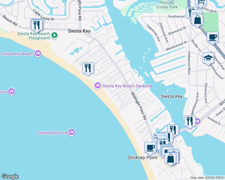 map of restaurants, bars, coffee shops, grocery stores, and more near 6058 West Peppertree Way in Siesta Key