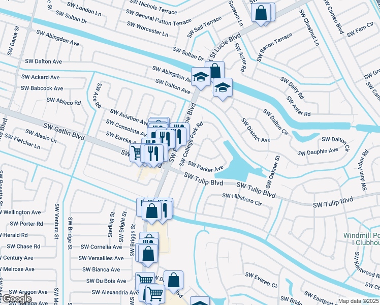 map of restaurants, bars, coffee shops, grocery stores, and more near 933 Southwest College Park Road in Port St. Lucie