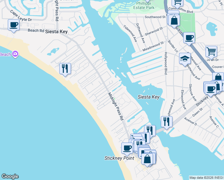 map of restaurants, bars, coffee shops, grocery stores, and more near 1208 Solitude Lane in Siesta Key