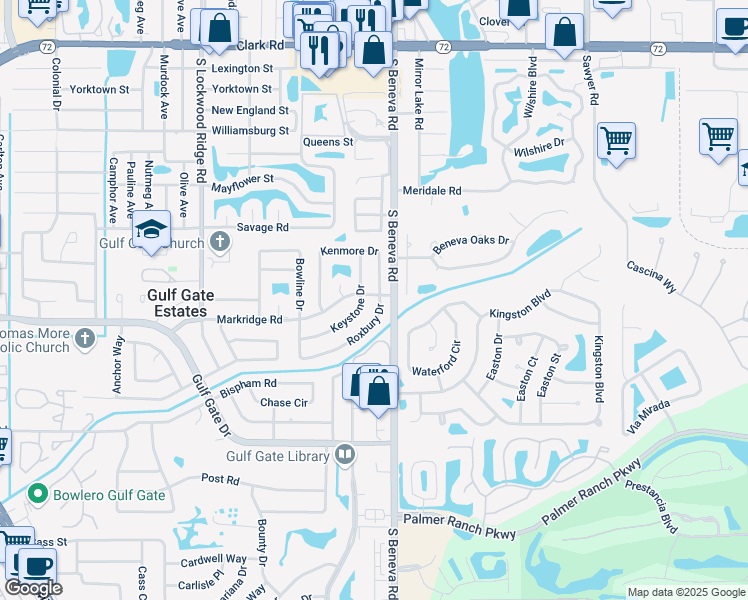 map of restaurants, bars, coffee shops, grocery stores, and more near 6706 Roxbury Drive in Sarasota
