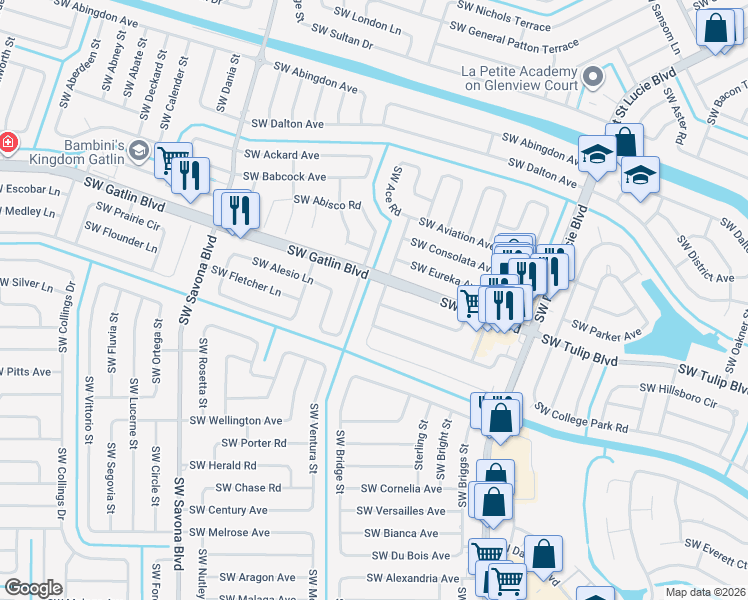 map of restaurants, bars, coffee shops, grocery stores, and more near 2832 Southwest Dinner Street in Port St. Lucie