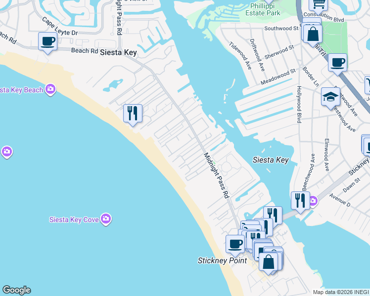 map of restaurants, bars, coffee shops, grocery stores, and more near 1131 Coquille Street in Siesta Key