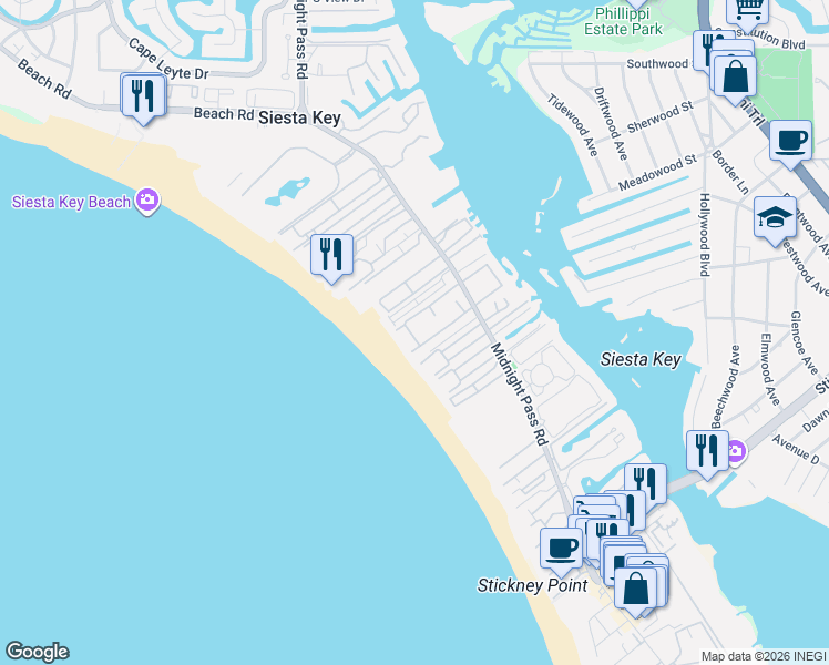 map of restaurants, bars, coffee shops, grocery stores, and more near 6058 West Peppertree Way in Siesta Key