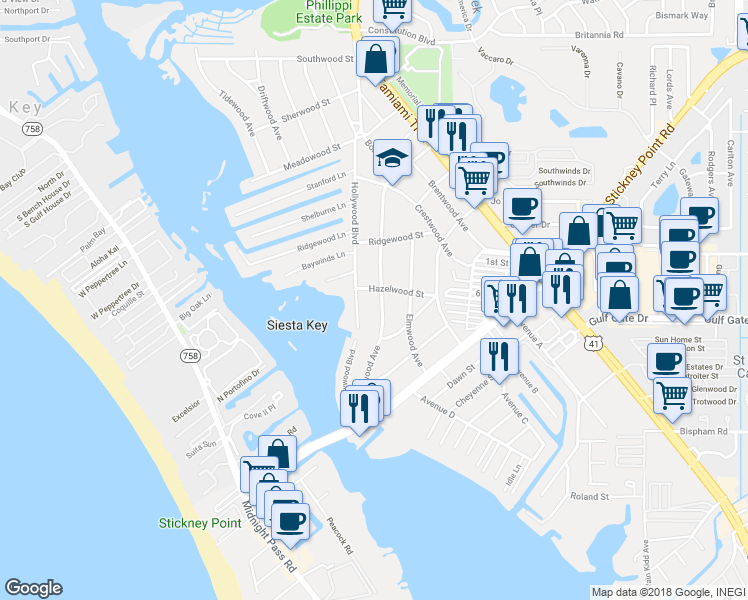 map of restaurants, bars, coffee shops, grocery stores, and more near 6310 Beechwood Avenue in Sarasota